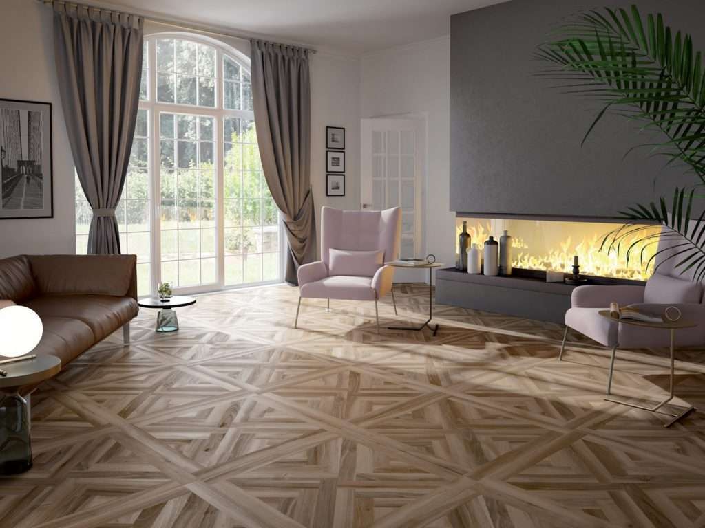 wood look porcelain tiles in livingroom